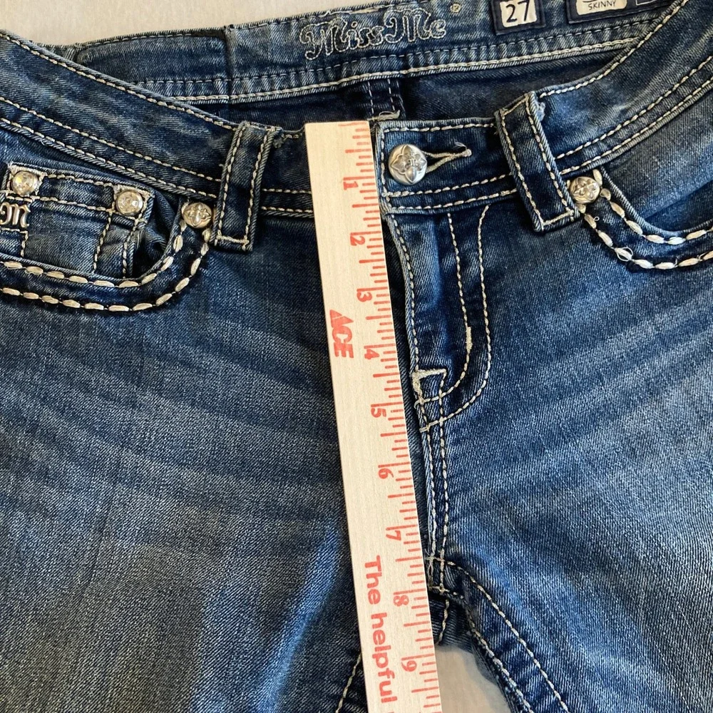Miss Me Jeans 27 (Fit 27x29.5) Mid-Rise Skinny Jeans Blue Rhinestone Cross